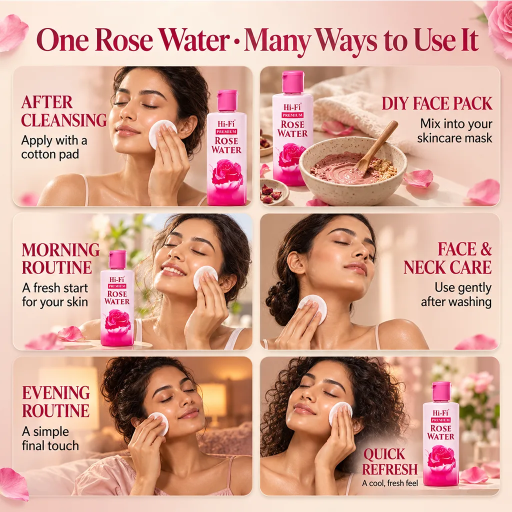 Six ways to use Hi-Fi Premium Rose Water, including applying it with a cotton pad after cleansing, mixing it into a face pack, and adding it to morning and evening skincare routines.