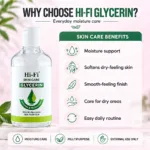 Hi‑Fi Skin Care Glycerin bottle with icons showing moisture support, softer skin and everyday skin care benefits.