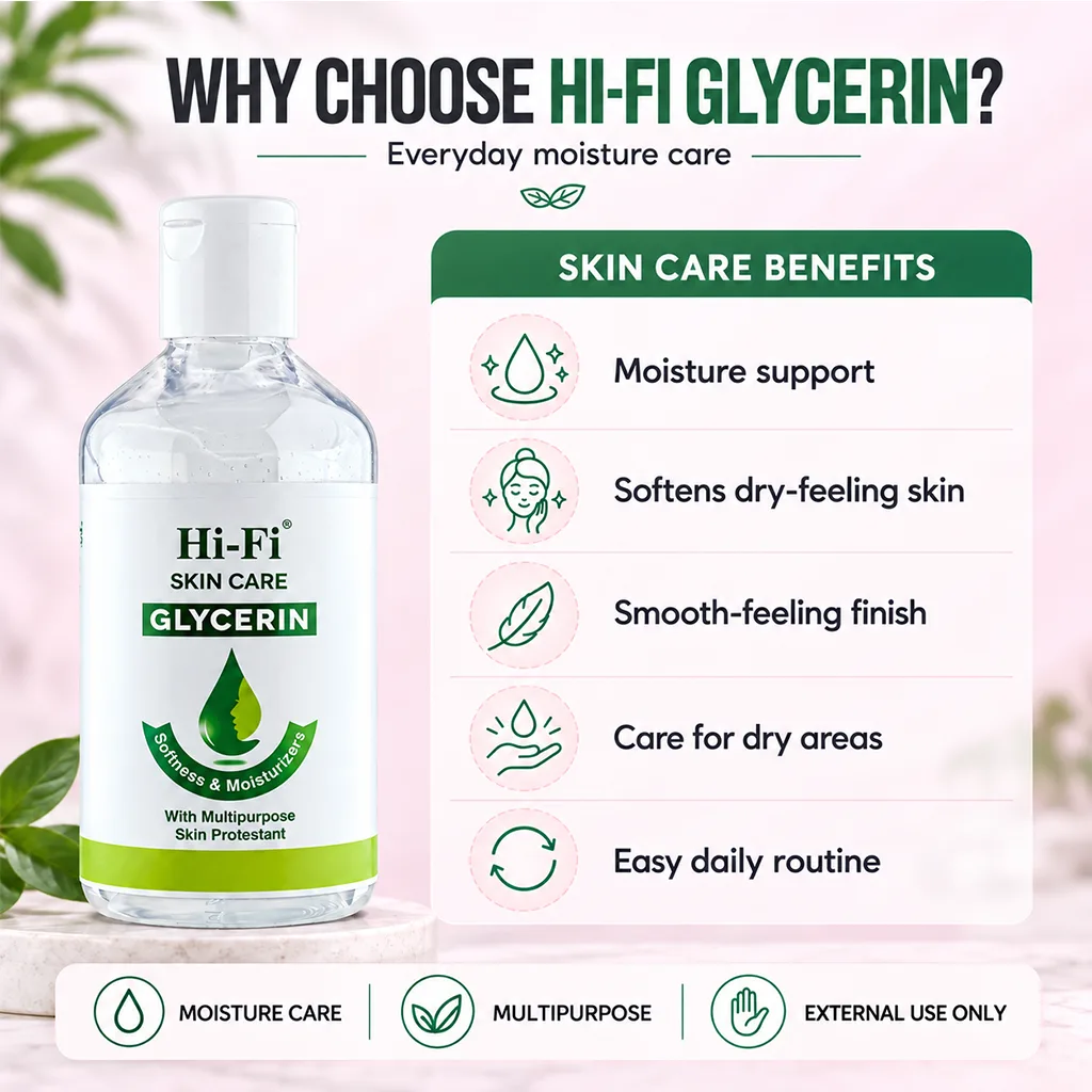 Hi‑Fi Skin Care Glycerin bottle with icons showing moisture support, softer skin and everyday skin care benefits.