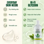 Hi‑Fi Skin Care Glycerin bottle beside a chart showing moisture care for dry-feeling skin and rough areas.