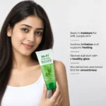 Indian woman holding Hi-Fi Moisturizing Aloe Vera Gel with Neem and Cucumber