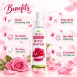 Hi-Fi Premium Rose Water Spray bottle with six benefits, including easy spray application, a refreshing mist, and use after cleansing.