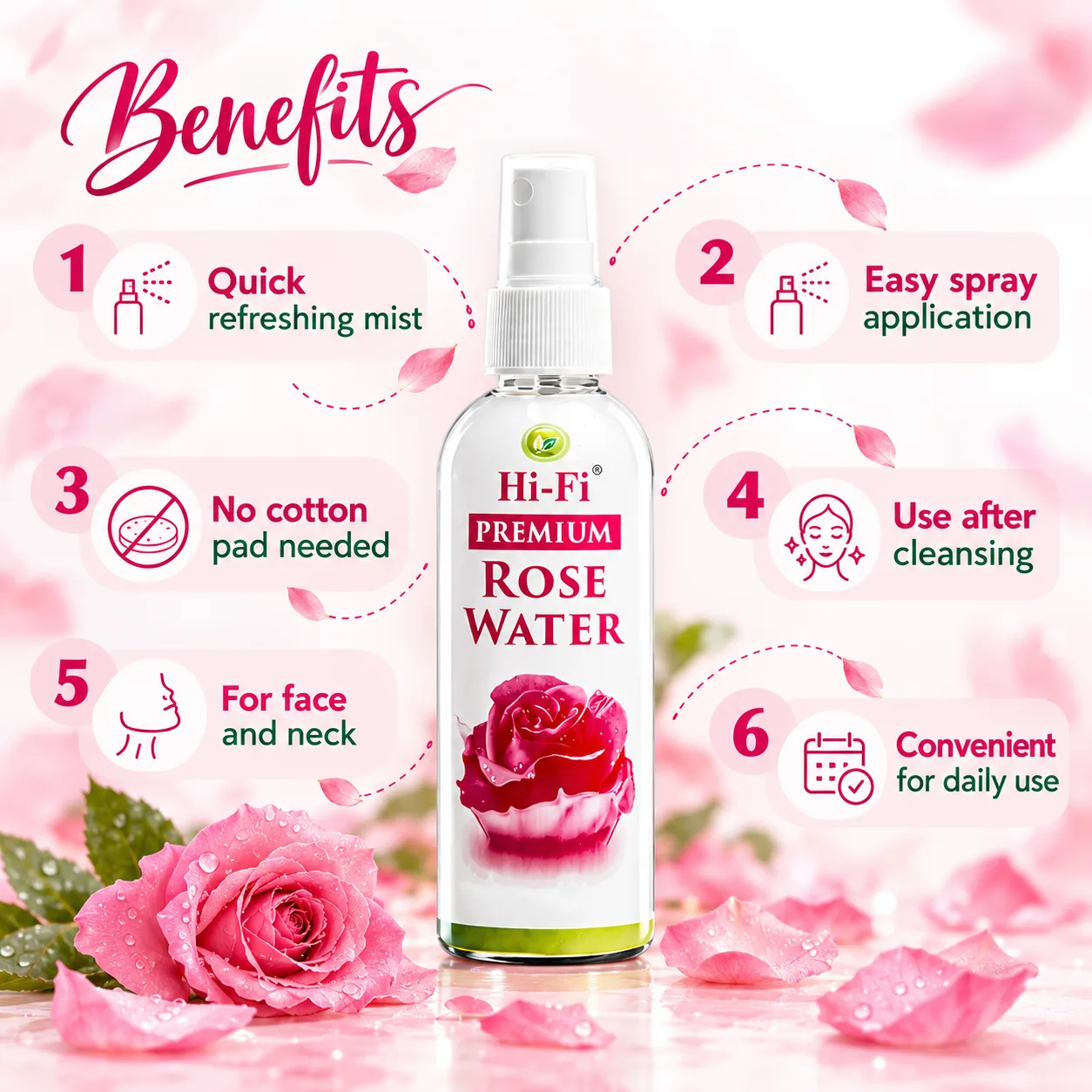 Hi-Fi Premium Rose Water Spray bottle with six benefits, including easy spray application, a refreshing mist, and use after cleansing.