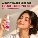 Woman spraying Hi-Fi Premium Rose Water mist on her face, with a fresh-looking skin headline