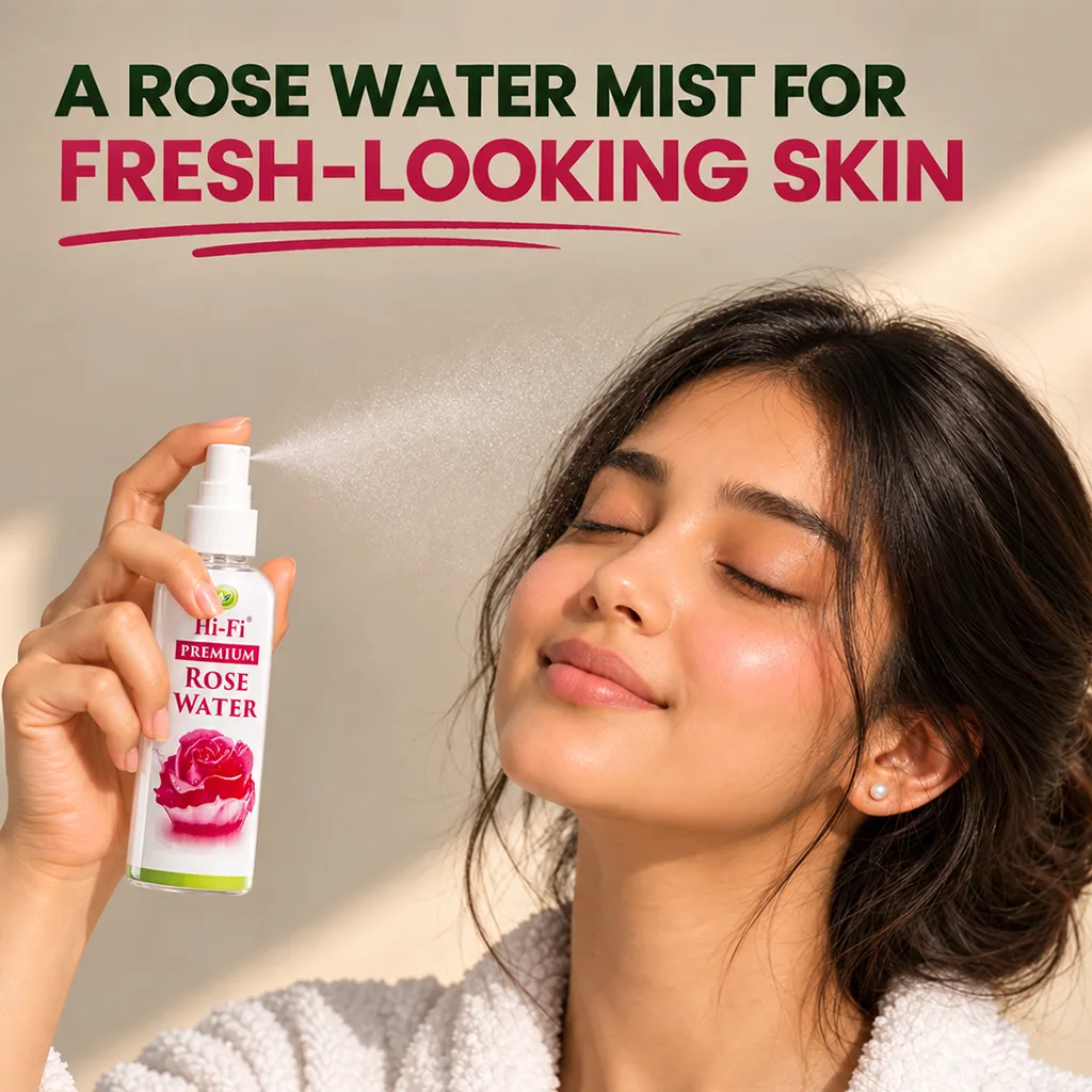 Woman spraying Hi-Fi Premium Rose Water mist on her face, with a fresh-looking skin headline