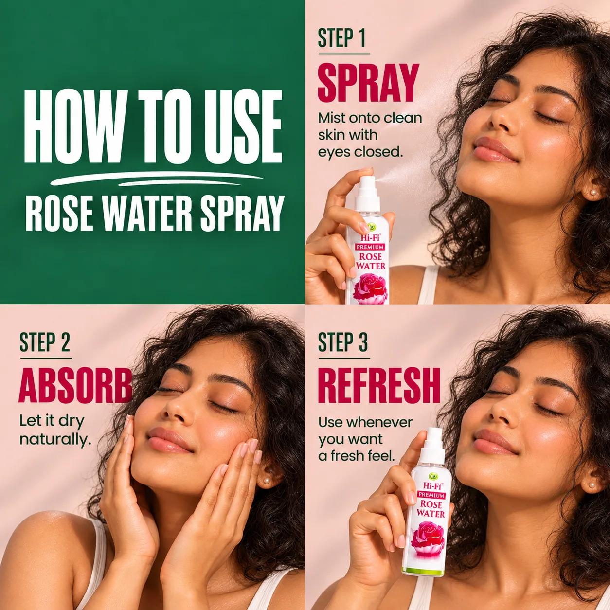 How to use Hi-Fi Premium Rose Water Spray: spray onto clean skin with eyes closed, let it dry naturally, and use again for a fresh feel.