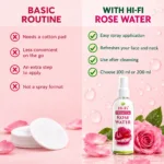 Comparison of a cotton pad skincare routine with Hi-Fi Premium Rose Water Spray, showing easy spray application for the face and neck.