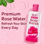Hi-Fi Premium Rose Water bottle on a pink water ripple background with “Refresh Your Skin Every Day” text.