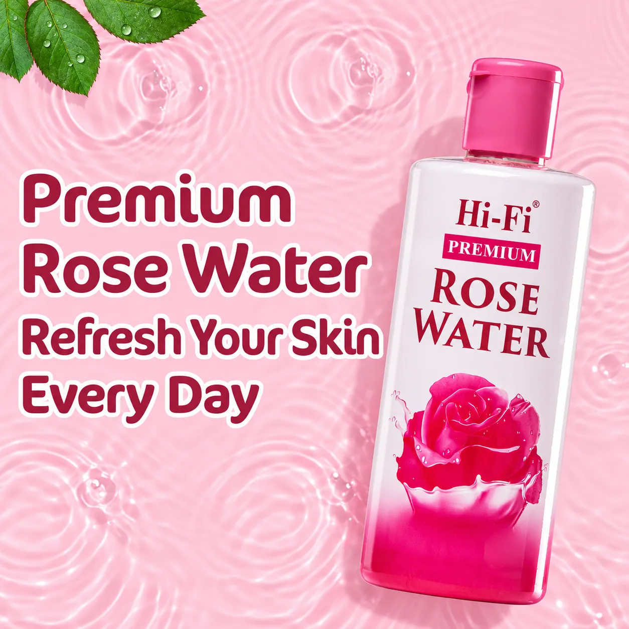 Hi-Fi Premium Rose Water bottle on a pink water ripple background with “Refresh Your Skin Every Day” text.