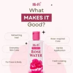 Hi-Fi Premium Rose Water bottle with everyday skin care and refreshing feel highlights.