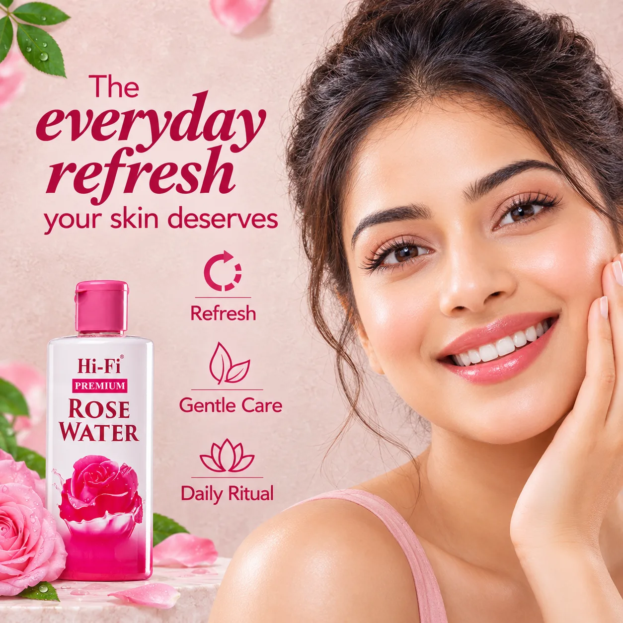 Hi-Fi Premium Rose Water bottle beside a smiling woman, with refresh, gentle care and daily ritual highlights.