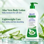 Hi-Fi Aloe Vera Ultra Moisturizing Body Lotion 500 ml pump bottle beside fresh aloe vera slices, with text highlighting daily moisture and a non-sticky, fast-absorbing feel.