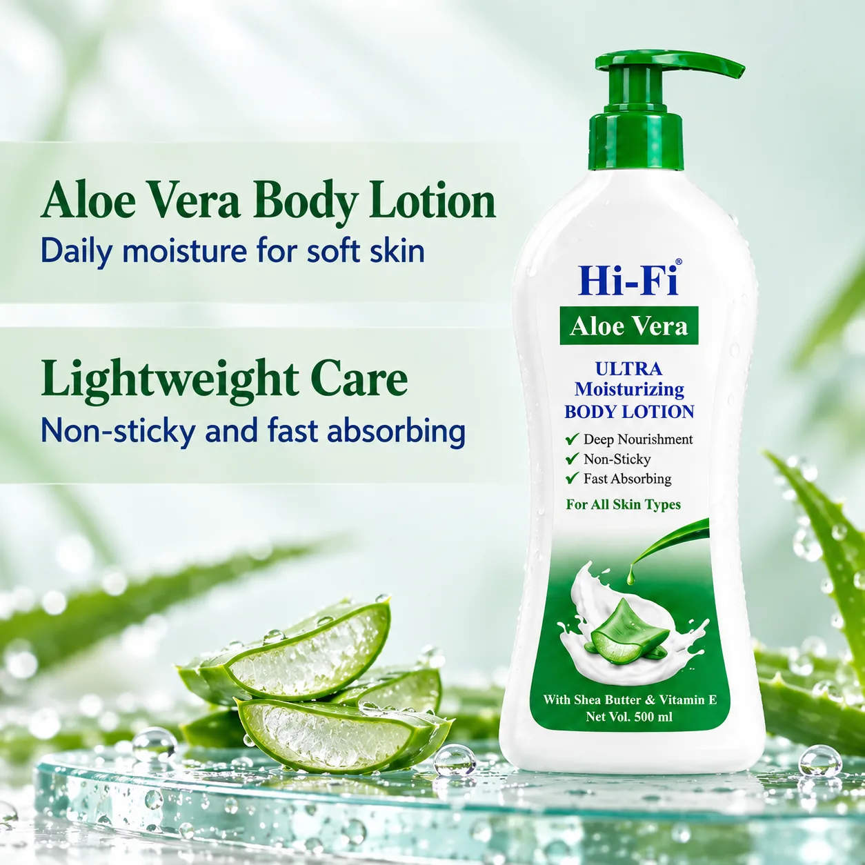 Hi-Fi Aloe Vera Ultra Moisturizing Body Lotion 500 ml pump bottle beside fresh aloe vera slices, with text highlighting daily moisture and a non-sticky, fast-absorbing feel.