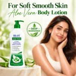 Hi-Fi Aloe Vera Ultra Moisturizing Body Lotion 500 ml bottle beside a woman, with aloe vera slices and a deep nourishment badge.