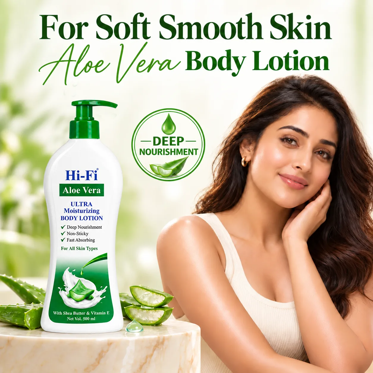 Hi-Fi Aloe Vera Ultra Moisturizing Body Lotion 500 ml bottle beside a woman, with aloe vera slices and a deep nourishment badge.