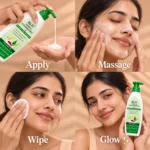 Hi-Fi Herbal Cleansing Milk lagane, face par massage karne, cotton pad se wipe karne aur fresh skin dikhane wala four-step banner.
