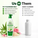 Hi-Fi Herbal Cleansing Milk 500 ml bottle beside a basic cleanser in an “Us vs Them” banner highlighting its gentle cleansing and skin-softening benefits.