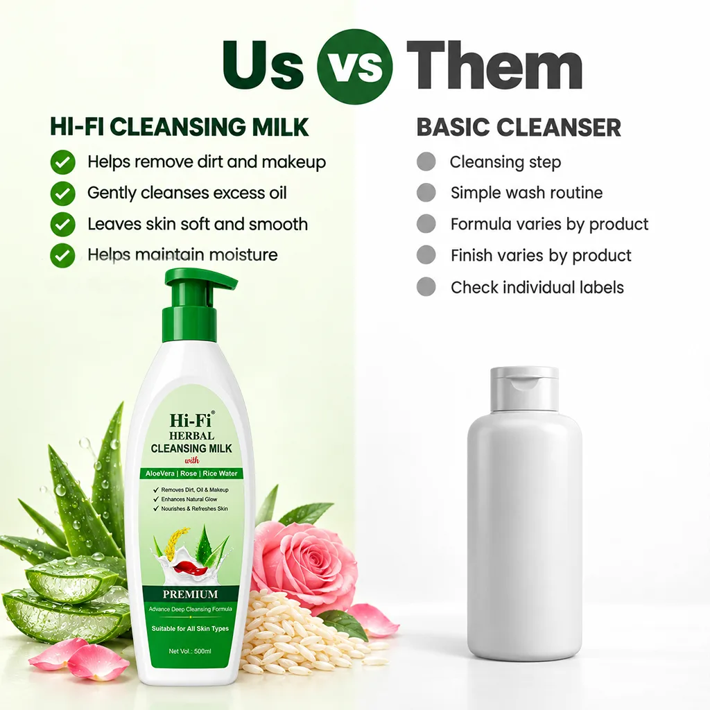 Hi-Fi Herbal Cleansing Milk 500 ml bottle beside a basic cleanser in an “Us vs Them” banner highlighting its gentle cleansing and skin-softening benefits.