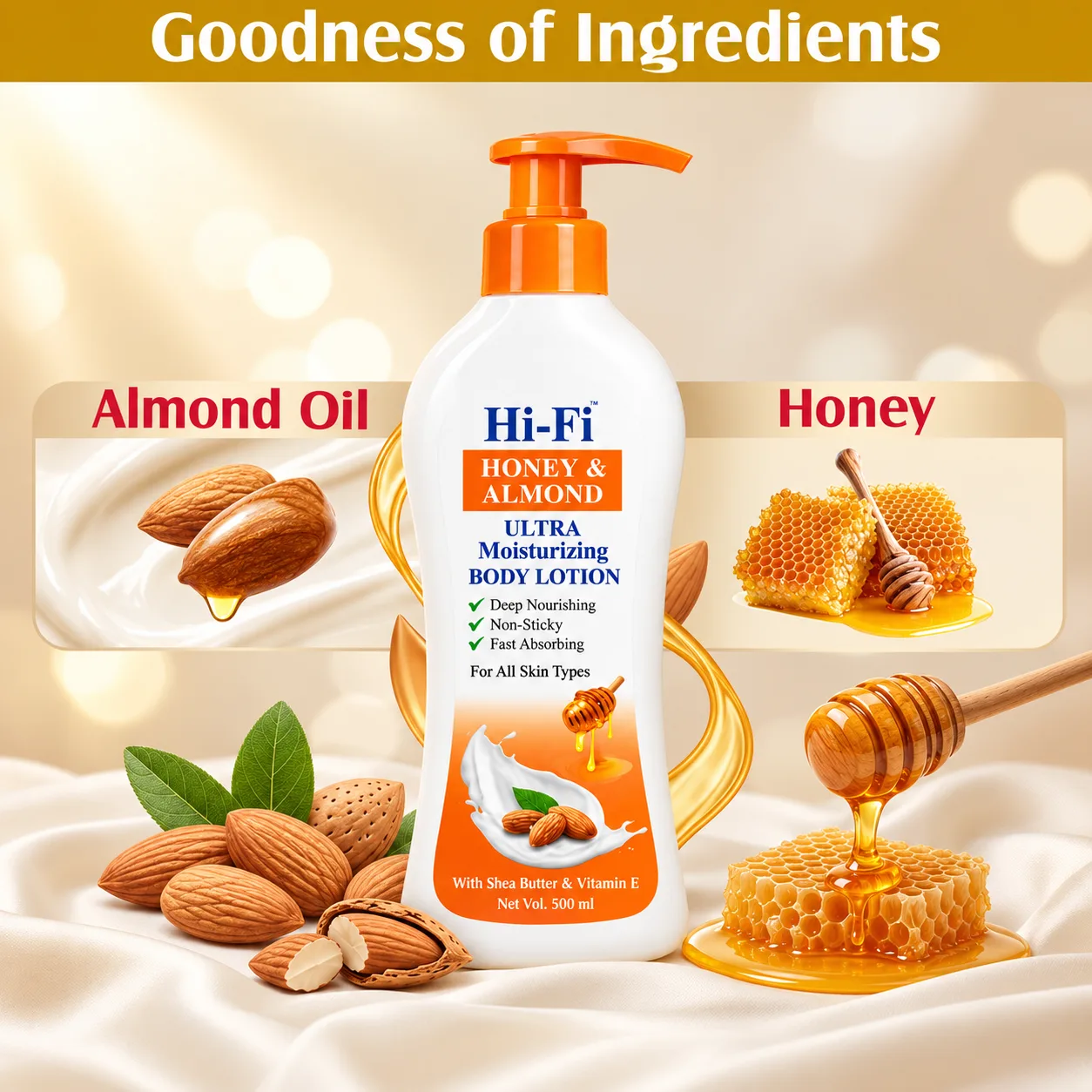 Hi-Fi Honey & Almond Ultra Moisturizing Body Lotion 500 ml bottle with almonds, almond oil, honeycomb and honey under the heading “Goodness of Ingredients”