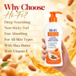 Hi-Fi Honey & Almond Body Lotion 500 ml bottle with a “Why Choose Hi-Fi?” list highlighting deep nourishment, a non-sticky feel, fast absorption, shea butter and vitamin E.