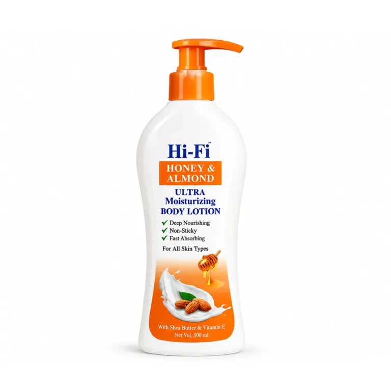 Hi-Fi Honey and Almond Ultra Moisturizing Body Lotion bottles in 40 ml, 100 ml, 300 ml and 500 ml sizes